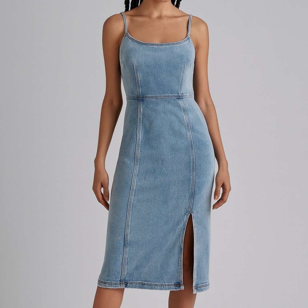 🆕Steve Madden Denim Midi Dress Size 2,4 Blue Jean Bodycon Slit Casual Chic Party